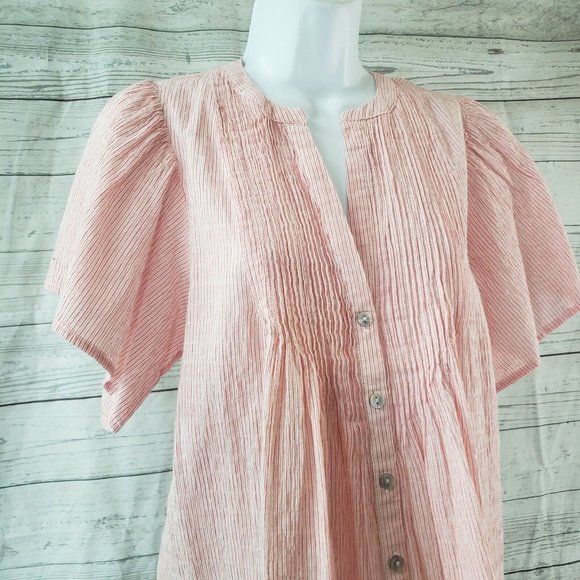 The Nines by Hatch Womens Button Front Top Sz Small Red White Striped - Picture 2 of 7